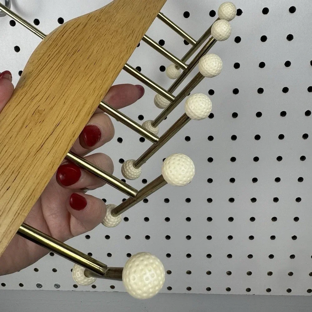 Vtg Mid Century Golf Ball Tie Belt Rack Wood Brass Wall Organizer
